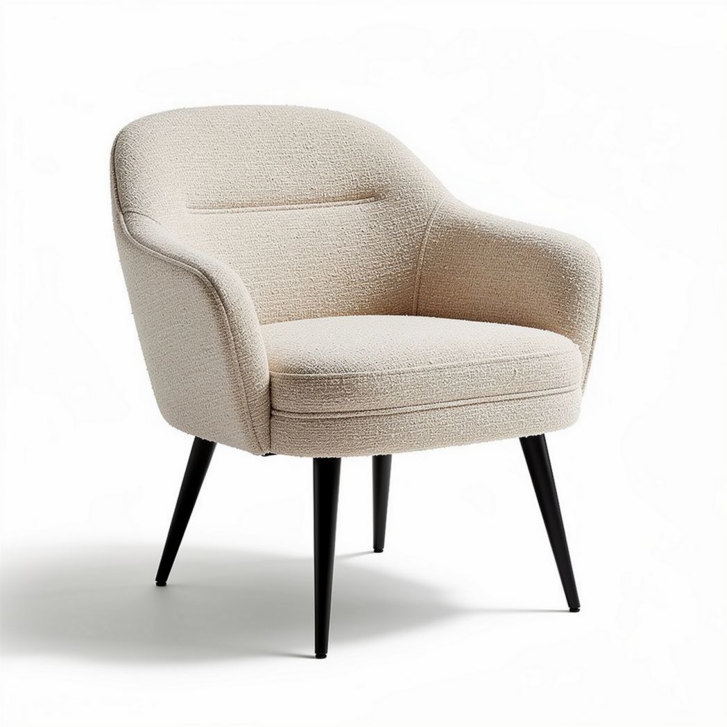 Fauteuil en tissu bouclé beige avec pieds en bois noir dimensions 70 x 70 x 75cm