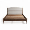 Lit en bois avec tête de lit rembourrée en tissu beige dimensions 200 x 160 x 50cm