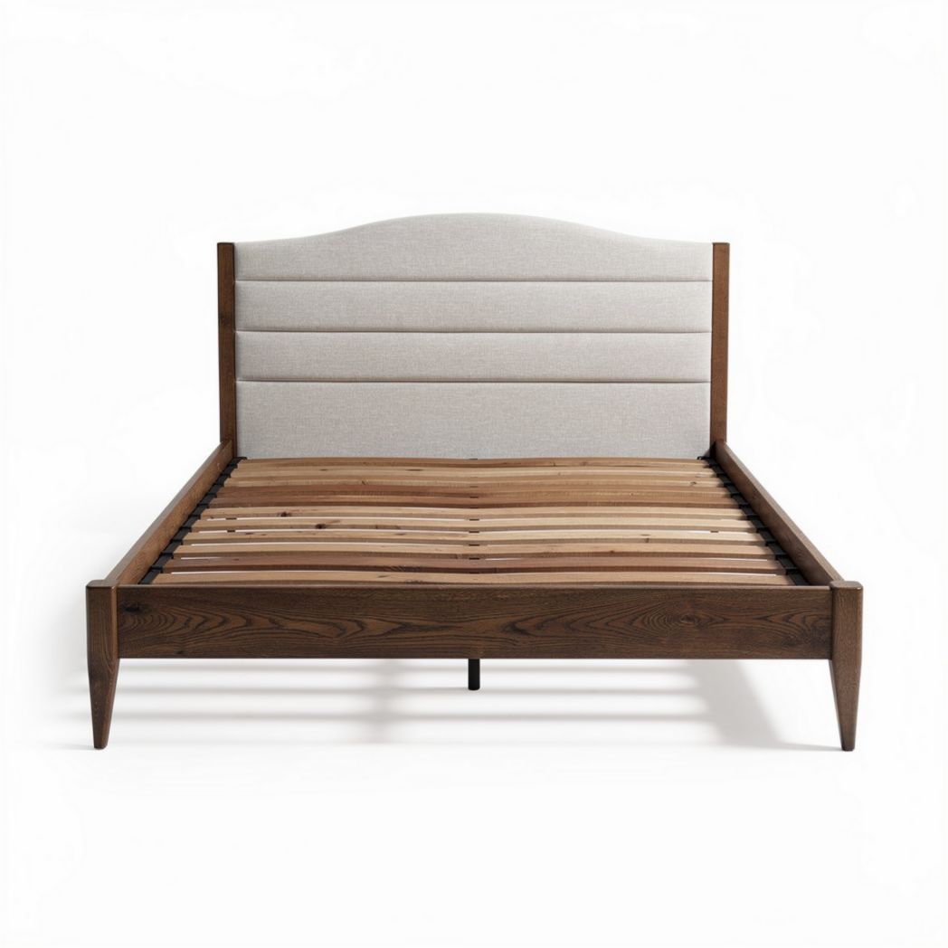 Lit en bois avec tête de lit rembourrée en tissu beige dimensions 200 x 160 x 50cm