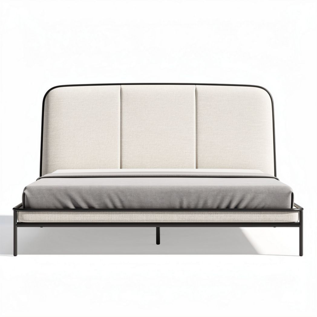 Lit en métal avec tête de lit rembourrée en tissu beige 200 x 160 x 100cm