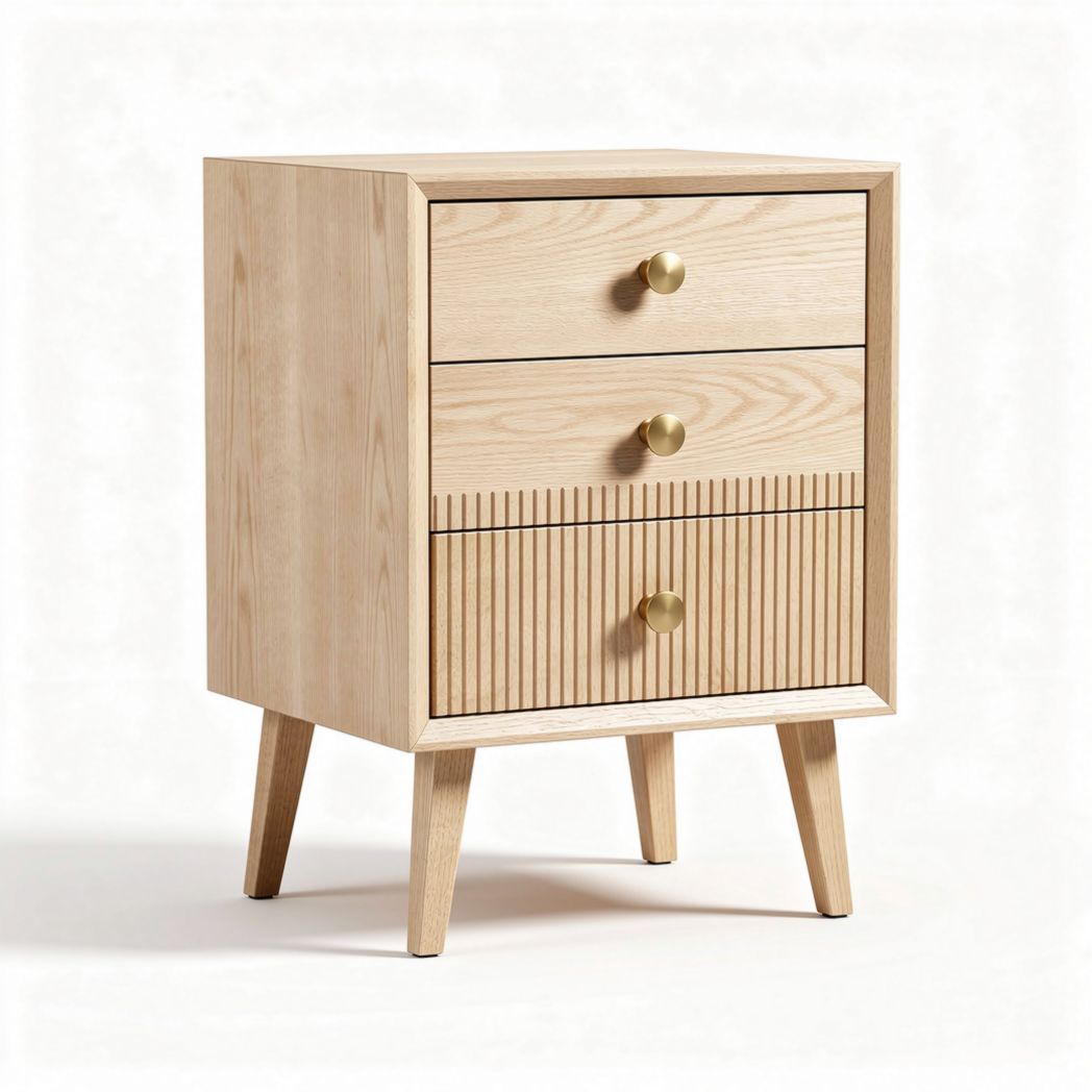 Table de chevet en bois clair avec trois tiroirs et pieds en bois 40 x 40 x 60cm