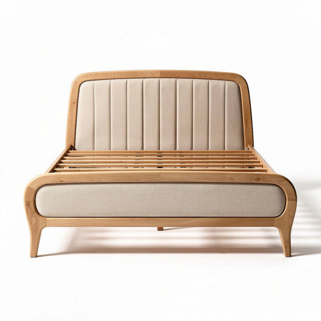 Lit en bois de hêtre naturel avec tête de lit en tissu beige 190 x 140 x 90cm