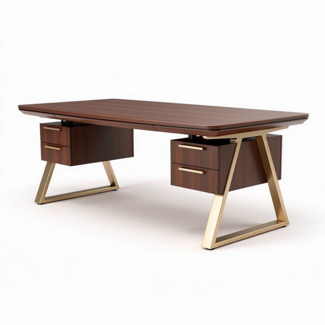 Bureau en bois marron avec piètement en métal doré dimensions 150 x 75 x 75cm