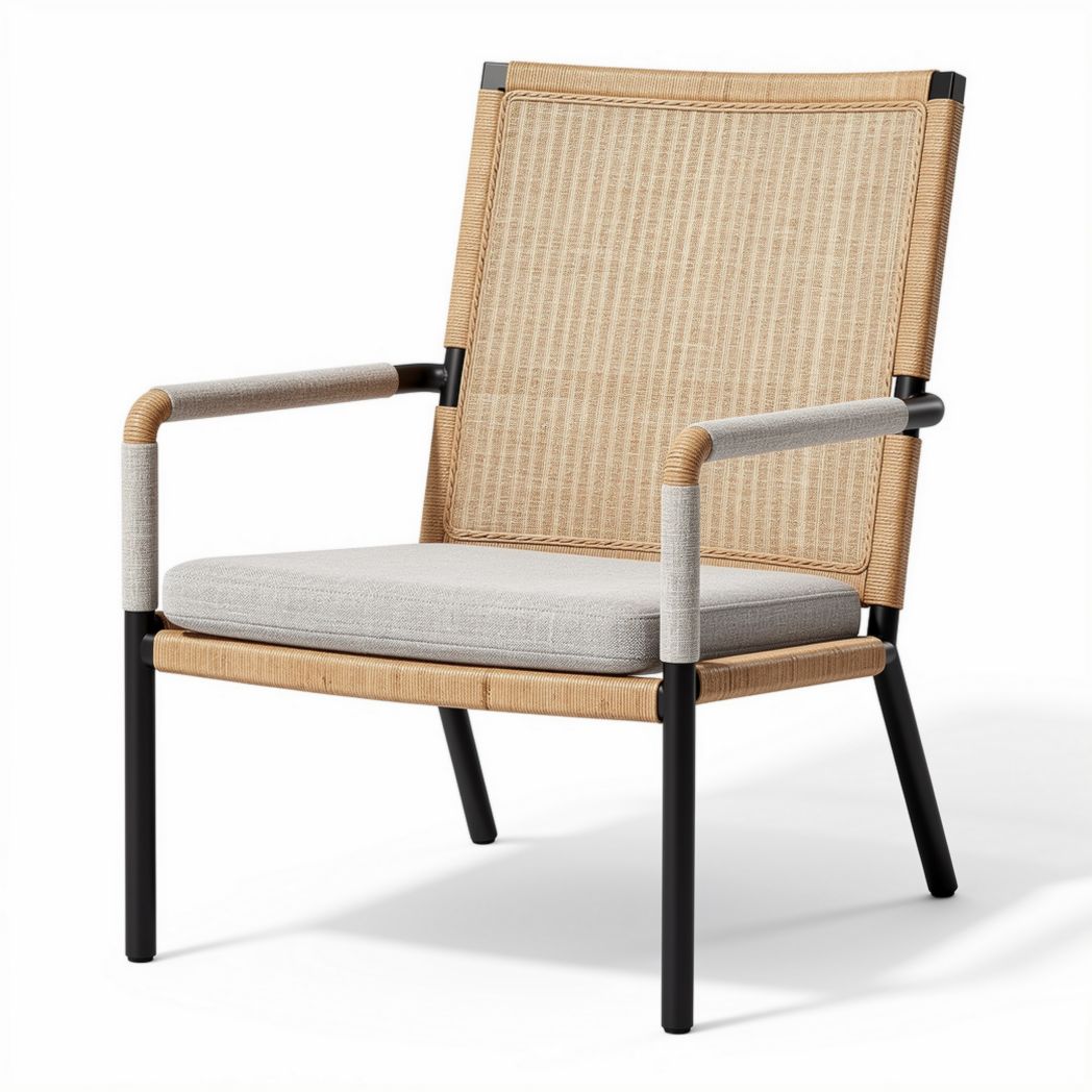 Chaise en rotin tissée couleur beige avec coussin gris dimensions 70 x 70 x 85cm