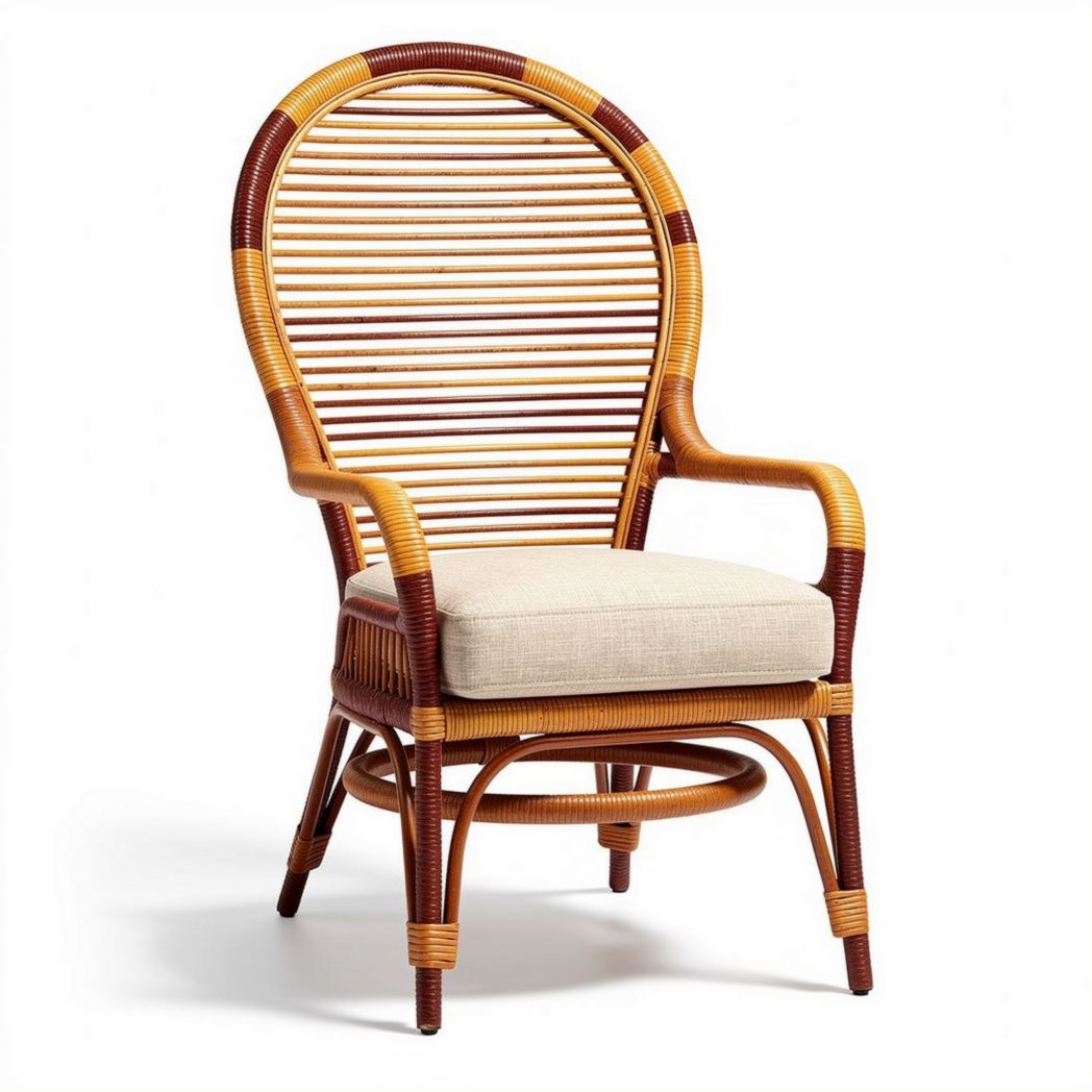 Chaise en rotin tressé avec coussin en tissu clair 85 x 60 x 100cm