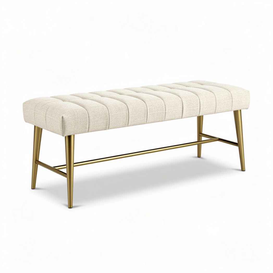Banc rectangulaire en tissu beige avec pieds en métal doré 120 x 40 x 45cm